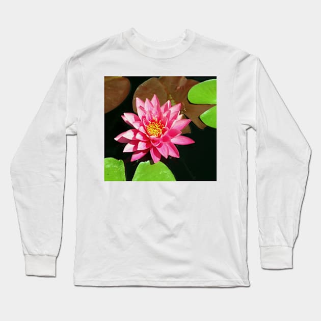 Fuchsia Pink Water Lilly Flower floating in Pond Long Sleeve T-Shirt by Scubagirlamy